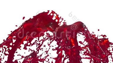 美丽的喷泉红色液体飞溅，喷泉3D白色背景与阿尔法哑光。 许多果汁流升高
